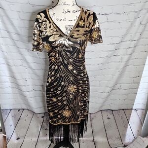 Yessa 1920's Flapper Sequins Fringe Dress Black/Gold Size Large